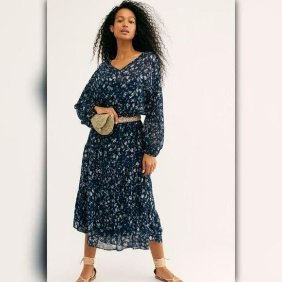 Free People Dresses & Skirts - Free People Wallflower Chiffon Midi Dress Navy Blue and White - S